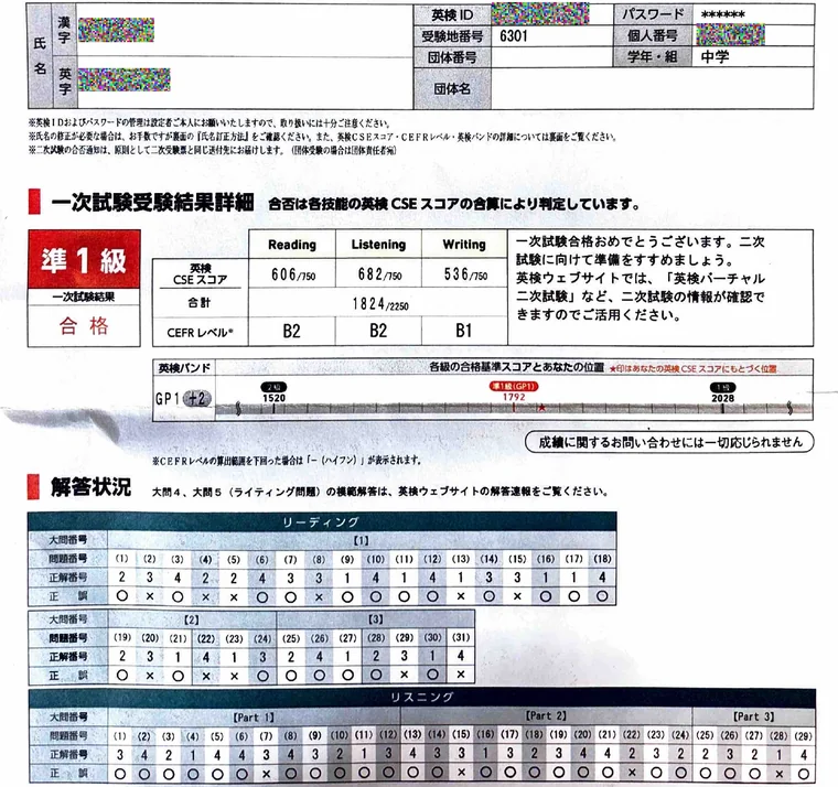 英検準1級の成績表。Writingが536に上がり、合計1824で合格基準1792を超えて一次試験合格