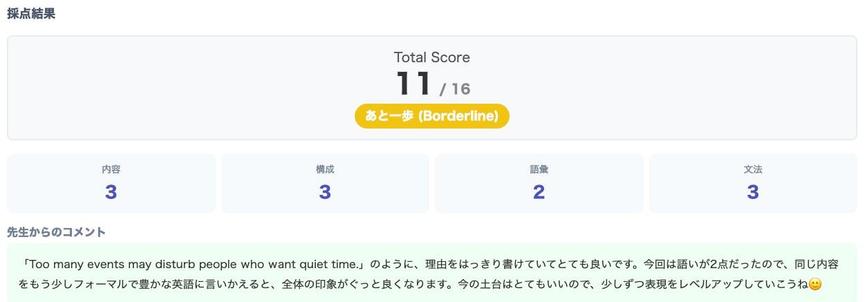 英検マスターDojoの採点画面 — 書いた瞬間にAIが採点し、具体的な改善アドバイスを返します