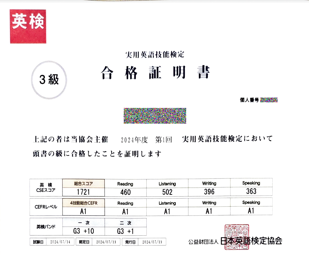 小学3年生で英検3級合格の証明書